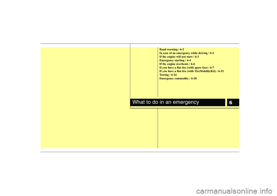 KIA PICANTO 2008 Owners Manual 6
Road warning / 6-2 In case of an emergency while driving / 6-2If the engine will not start / 6-3Emergency starting / 6-4If the engine overheats / 6-6
If you have a flat tire (with spare tire) / 6-7
KIA PICANTO 2008 Owners Manual 6
Road warning / 6-2 In case of an emergency while driving / 6-2If the engine will not start / 6-3Emergency starting / 6-4If the engine overheats / 6-6
If you have a flat tire (with spare tire) / 6-7