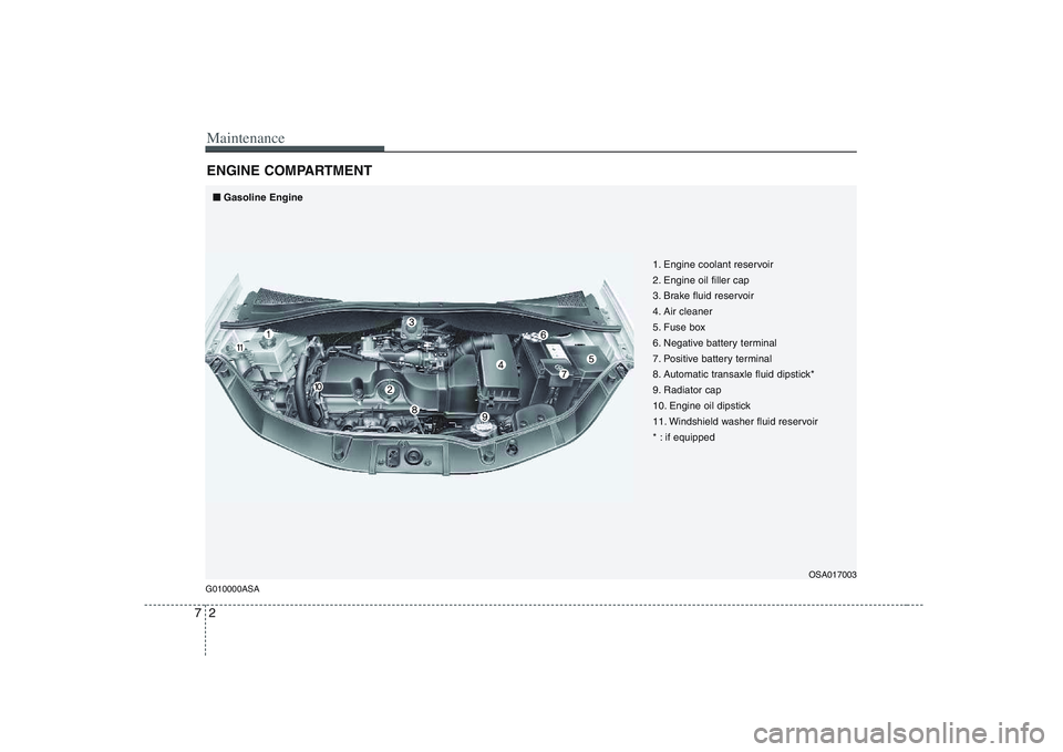 KIA PICANTO 2008 Owners Manual Maintenance
2
7
ENGINE COMPARTMENT
G010000ASA
OSA017003
1. Engine coolant reservoir
2. Engine oil filler cap
3. Brake fluid reservoir
4. Air cleaner
5. Fuse box
6. Negative battery terminal
7. Posit KIA PICANTO 2008 Owners Manual Maintenance
2
7
ENGINE COMPARTMENT
G010000ASA
OSA017003
1. Engine coolant reservoir
2. Engine oil filler cap
3. Brake fluid reservoir
4. Air cleaner
5. Fuse box
6. Negative battery terminal
7. Posit
