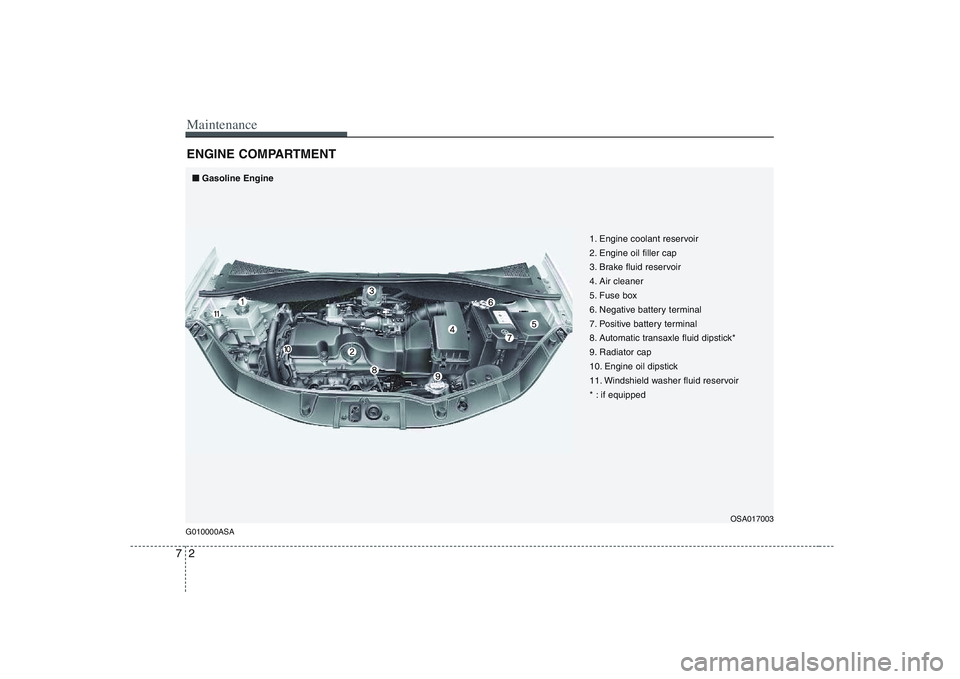 KIA PICANTO 2008  Owners Manual Maintenance
2
7
ENGINE COMPARTMENT 
G010000ASA
OSA017003
1. Engine coolant reservoir 
2. Engine oil filler cap
3. Brake fluid reservoir
4. Air cleaner
5. Fuse box
6. Negative battery terminal
7. Posit