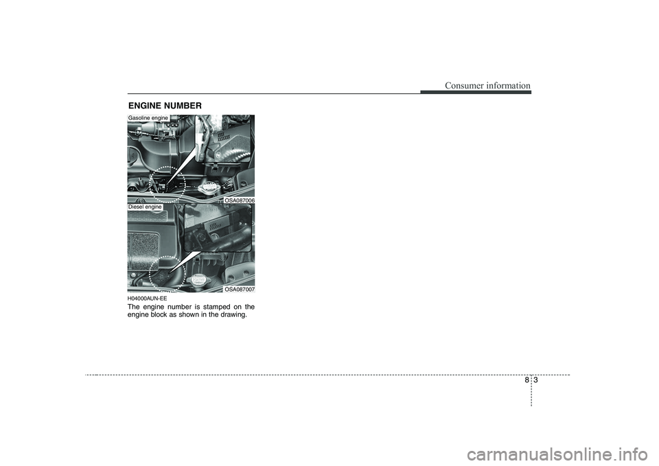 KIA PICANTO 2008 Owners Manual 83
Consumer information
H04000AUN-EE
The engine number is stamped on the
engine block as shown in the drawing.ENGINE NUMBER
OSA087007
Gasoline engine
Diesel engineOSA087006 KIA PICANTO 2008 Owners Manual 83
Consumer information
H04000AUN-EE
The engine number is stamped on the
engine block as shown in the drawing.ENGINE NUMBER
OSA087007
Gasoline engine
Diesel engineOSA087006