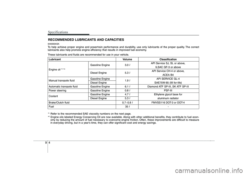 KIA PICANTO 2008  Owners Manual Specifications
4
9
RECOMMENDED LUBRICANTS AND CAPACITIES  
I040000ASA 
To help achieve proper engine and powertrain performance and durability, use only lubricants of the proper quality. The correct 
