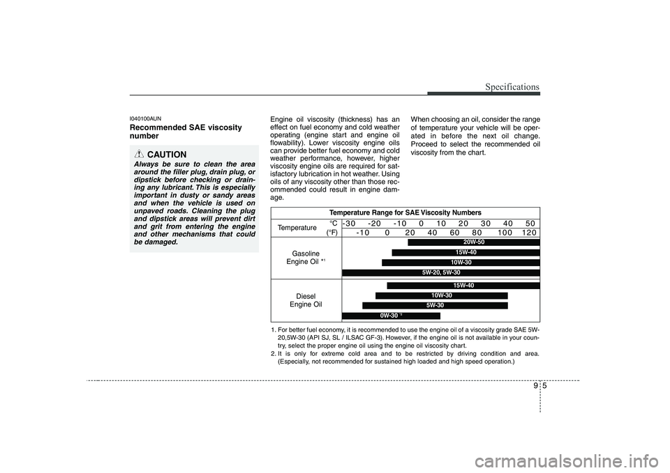 KIA PICANTO 2008  Owners Manual 95
Specifications
I040100AUN Recommended SAE viscosity 
number   Engine oil viscosity (thickness) has an 
effect on fuel economy and cold weather
operating (engine start and engine oil
flowability). L