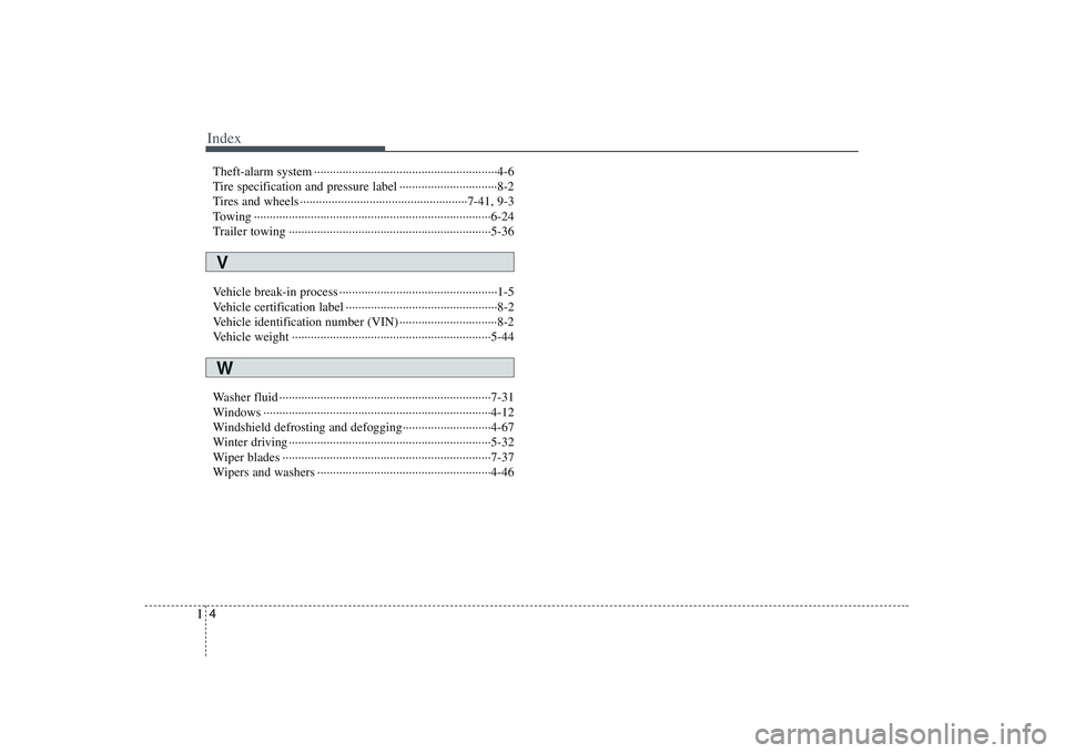 KIA PICANTO 2008  Owners Manual Index
4
I
Theft-alarm system ··························································4-6 
Tire specification and pressure label ······