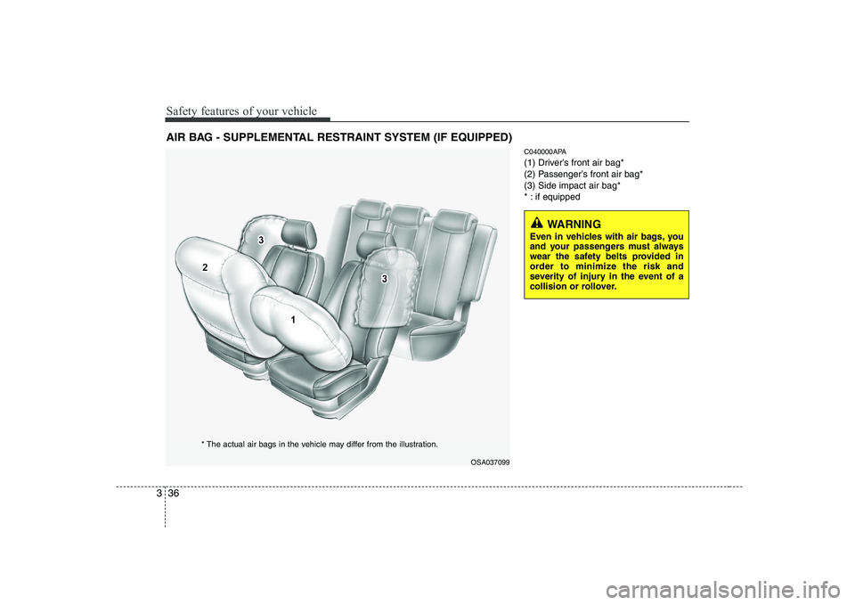 KIA PICANTO 2008 Service Manual Safety features of your vehicle
36
3
C040000APA 
(1) Driver’s front air bag*
(2) Passenger’s front air bag*(3) Side impact air bag*
* : if equipped
AIR BAG - SUPPLEMENTAL RESTRAINT SYSTEM (IF EQUI