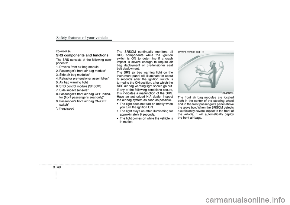 KIA PICANTO 2008  Owners Manual Safety features of your vehicle
40
3
C040100ASA SRS components and functions 
The SRS consists of the following com- ponents: 
1. Drivers front air bag module
2. Passengers front air bag module*
3. 