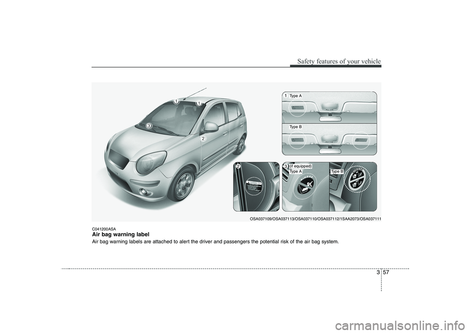 KIA PICANTO 2008 Manual PDF 357
Safety features of your vehicle
C041200ASA
Air bag warning label
Air bag warning labels are attached to alert the driver and passengers the potential risk of the air bag system.
OSA037109/OSA037 KIA PICANTO 2008 Manual PDF 357
Safety features of your vehicle
C041200ASA
Air bag warning label
Air bag warning labels are attached to alert the driver and passengers the potential risk of the air bag system.
OSA037109/OSA037