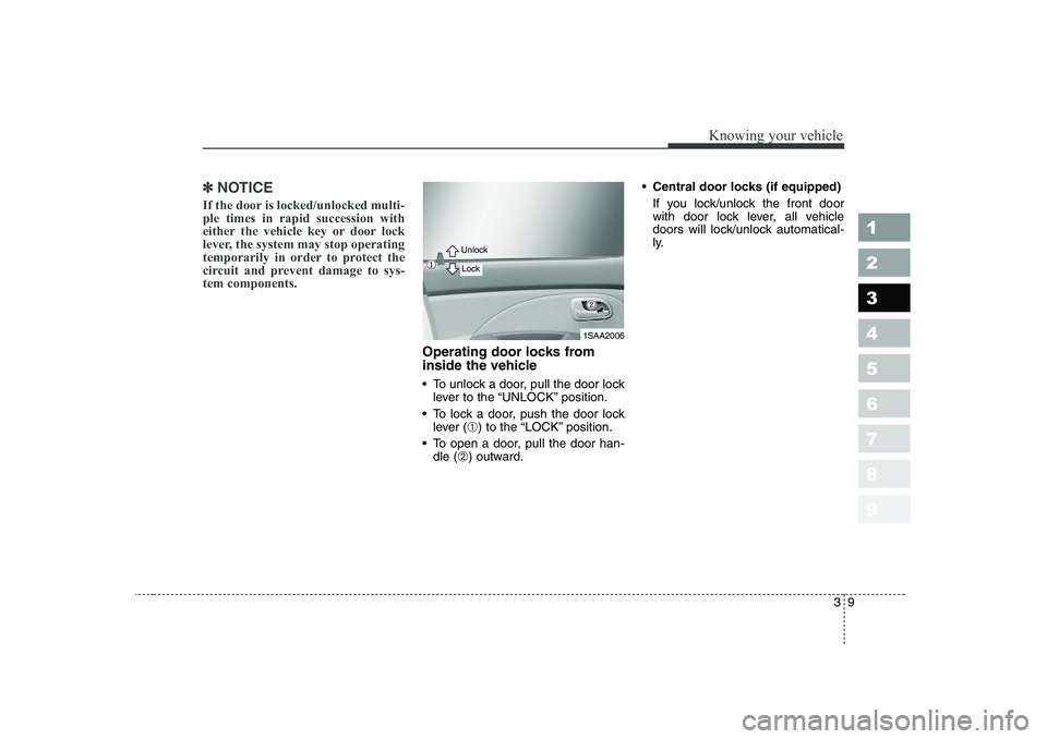 KIA PICANTO 2006  Owners Manual 39
1 23456789
Knowing your vehicle
✽✽NOTICE
If the door is locked/unlocked multi- ple times in rapid succession with
either the vehicle key or door lock
lever, the system may stop operating
tempor