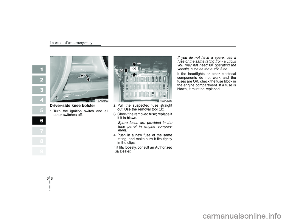 KIA PICANTO 2006 Owners Manual In case of an emergency
8
6
Driver-side knee bolster
1. Turn the ignition switch and all
other switches off. 2. Pull the suspected fuse straight
out. Use the removal tool ( ).
3. Check the removed KIA PICANTO 2006 Owners Manual In case of an emergency
8
6
Driver-side knee bolster
1. Turn the ignition switch and all
other switches off. 2. Pull the suspected fuse straight
out. Use the removal tool ( ).
3. Check the removed