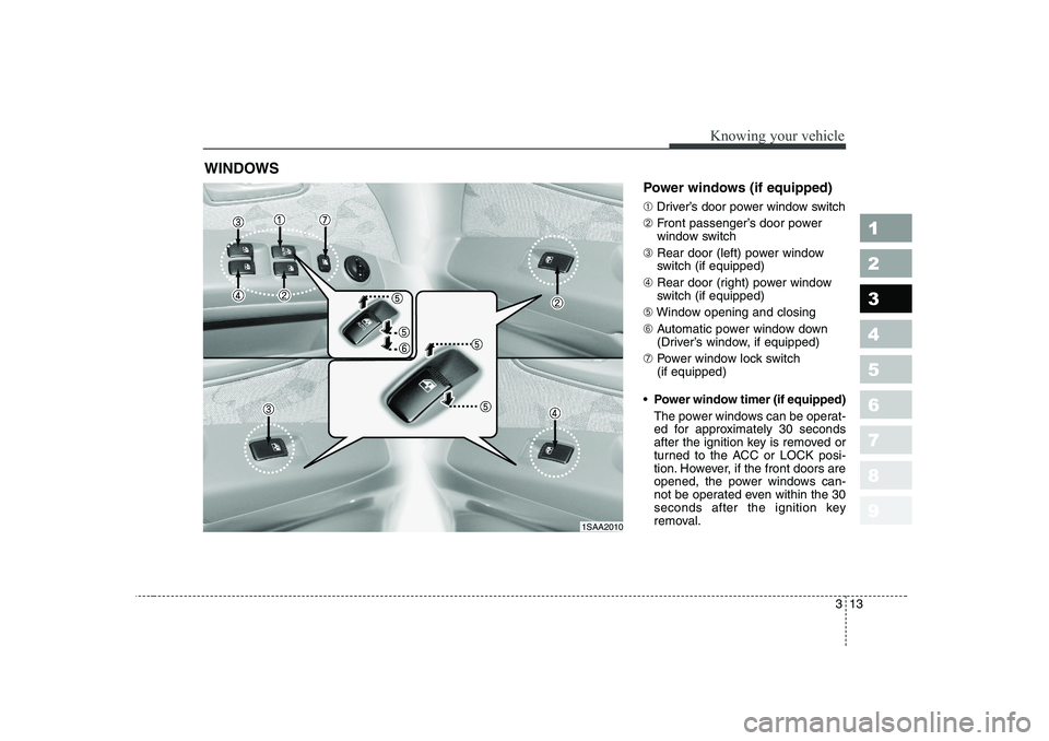 KIA PICANTO 2006 Owners Manual 313
1 23456789
Knowing your vehicle
Power windows (if equipped) ➀Driver’s door power window switch
➁ Front passenger’s door power 
window switch
➂ Rear door (left) power window
switch (if eq