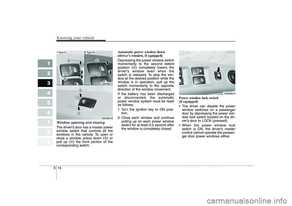 KIA PICANTO 2006 Owners Manual Knowing your vehicle
14
3
1 23456789
Window opening and closing
The driver’s door has a master power 
window switch that controls all the
windows in the vehicle. To open or
close a window, press dow