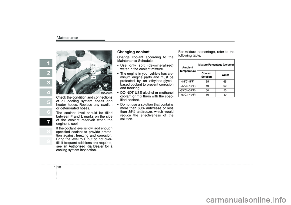 KIA PICANTO 2006  Owners Manual Maintenance
18
7
1 23456789
Check the condition and connections of all cooling system hoses and
heater hoses. Replace any swollen
or deteriorated hoses. 
The coolant level should be filled 
between F 
