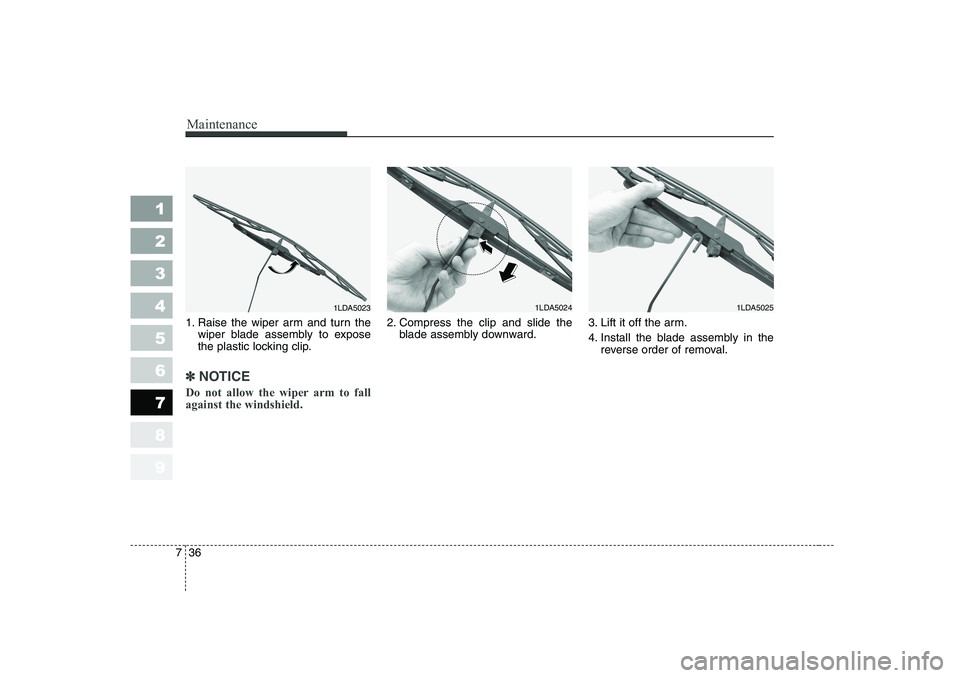 KIA PICANTO 2006 Owners Manual Maintenance
36
7
1 23456789
1. Raise the wiper arm and turn the
wiper blade assembly to expose
the plastic locking clip.
✽✽ NOTICE
Do not allow the wiper arm to fall against the windshield.
2. KIA PICANTO 2006 Owners Manual Maintenance
36
7
1 23456789
1. Raise the wiper arm and turn the
wiper blade assembly to expose
the plastic locking clip.
✽✽ NOTICE
Do not allow the wiper arm to fall against the windshield.
2.