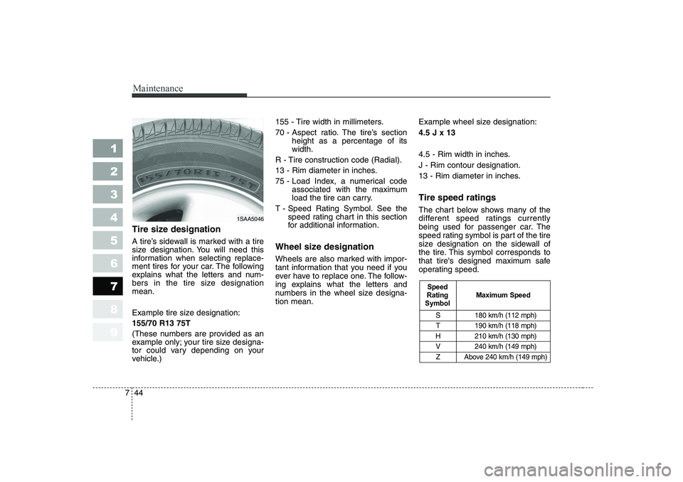 KIA PICANTO 2006 Owners Manual Maintenance
44
7
1 23456789
Tire size designation
A tire’s sidewall is marked with a tire
size designation. You will need this
information when selecting replace-
ment tires for your car. The fo KIA PICANTO 2006 Owners Manual Maintenance
44
7
1 23456789
Tire size designation
A tire’s sidewall is marked with a tire
size designation. You will need this
information when selecting replace-
ment tires for your car. The fo
