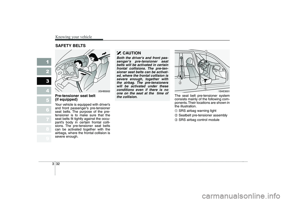 KIA PICANTO 2006 Service Manual Knowing your vehicle
32
3
1 23456789
Pre-tensioner seat belt  (if equipped) 
Your vehicle is equipped with driver’s 
and front passenger’s pre-tensioner
seat belts. The purpose of the pre-
tension