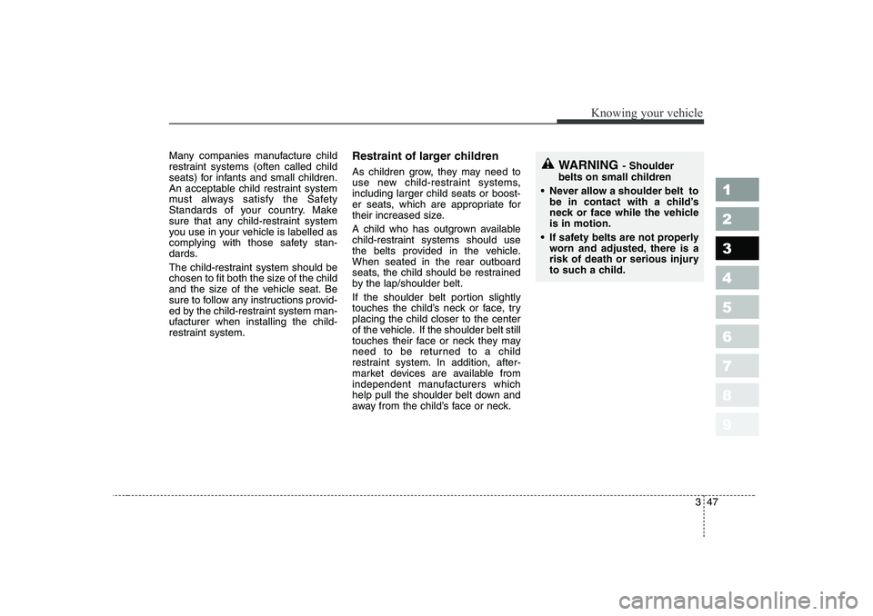 KIA PICANTO 2006  Owners Manual 347
1 23456789
Knowing your vehicle
Many companies manufacture child 
restraint systems (often called child
seats) for infants and small children.
An acceptable child restraint system
must always sati