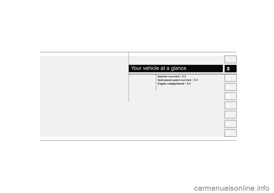 KIA PICANTO 2006 Owners Manual 1 23456789
Interior overview / 2-2 Instrument panel overview / 2-3Engine compartment / 2-4
Your vehicle at a glance KIA PICANTO 2006 Owners Manual 1 23456789
Interior overview / 2-2 Instrument panel overview / 2-3Engine compartment / 2-4
Your vehicle at a glance