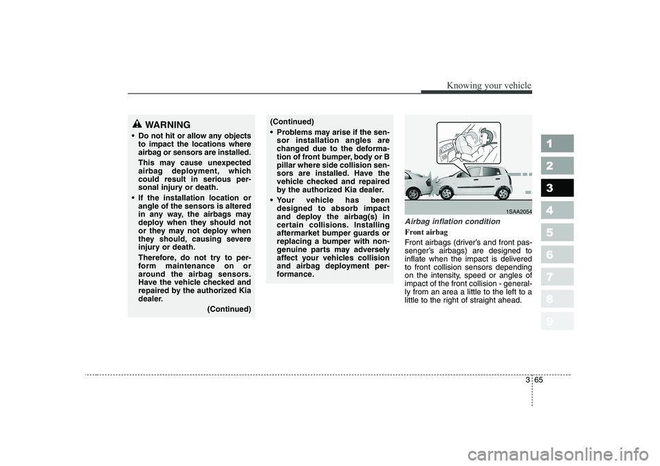 KIA PICANTO 2006 Owners Manual 365
1 23456789
Knowing your vehicle
Airbag inflation condition
Front airbag
Front airbags (driver’s and front pas-
senger’s airbags) are designed to
inflate when the impact is deliveredto front KIA PICANTO 2006 Owners Manual 365
1 23456789
Knowing your vehicle
Airbag inflation condition
Front airbag
Front airbags (driver’s and front pas-
senger’s airbags) are designed to
inflate when the impact is deliveredto front