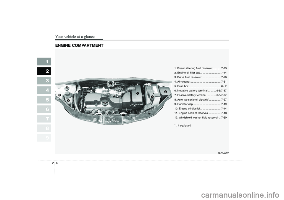 KIA PICANTO 2006 Owners Manual Your vehicle at a glance
4
2
1 23456789
ENGINE COMPARTMENT
1SAA0007
1. Power steering fluid reservoir ...........7-23
2. Engine oil filler cap............................7-14
3. Brake fluid reservoir KIA PICANTO 2006 Owners Manual Your vehicle at a glance
4
2
1 23456789
ENGINE COMPARTMENT
1SAA0007
1. Power steering fluid reservoir ...........7-23
2. Engine oil filler cap............................7-14
3. Brake fluid reservoir