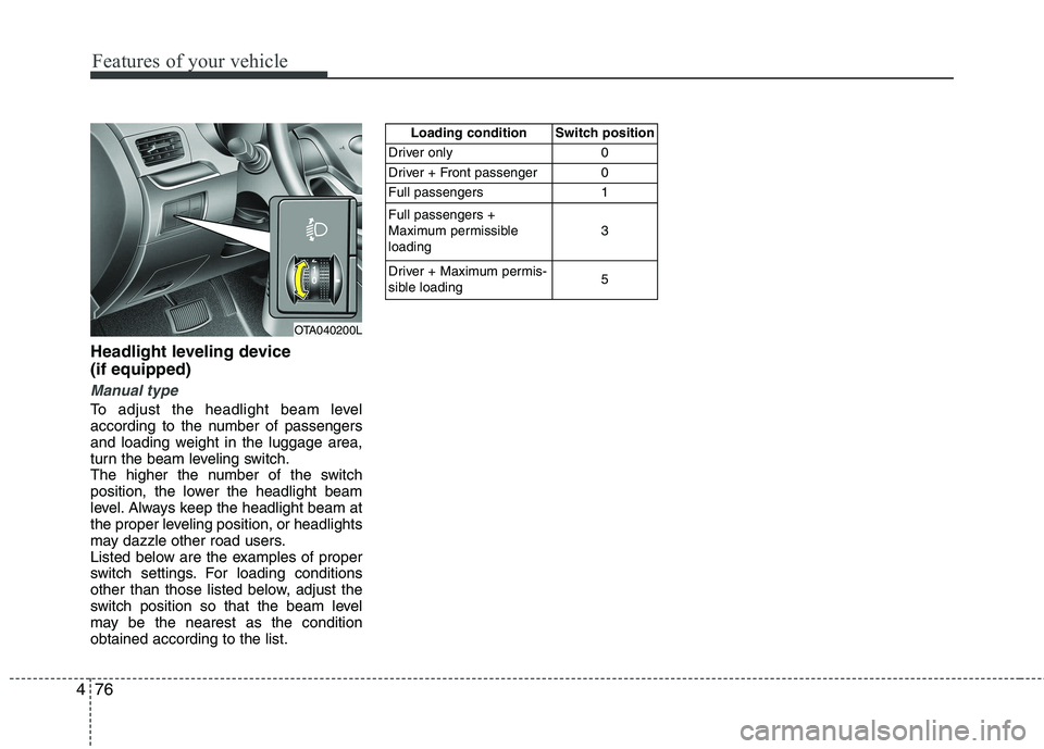 KIA PICANTO 2012  Owners Manual Features of your vehicle
76
4
Headlight leveling device  (if equipped)
Manual type
To adjust the headlight beam level 
according to the number of passengers
and loading weight in the luggage area,
tur