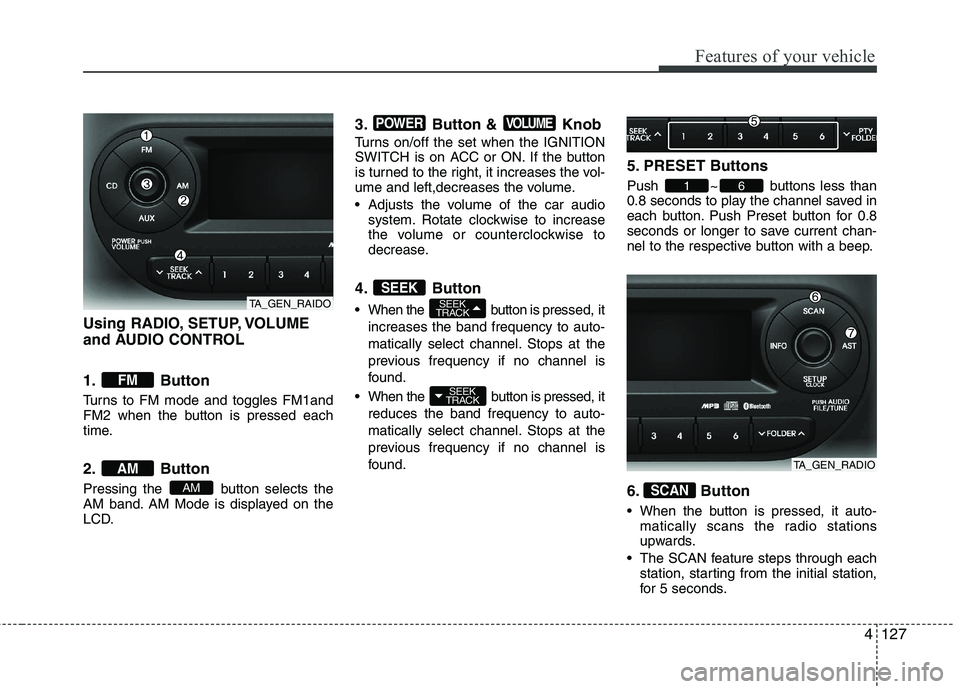 KIA PICANTO 2012  Owners Manual 4127
Features of your vehicle
Using RADIO, SETUP, VOLUME 
and AUDIO CONTROL 
1. Button 
Turns to FM mode and toggles FM1and 
FM2 when the button is pressed each
time. 
2. Button 
Pressing the  button 