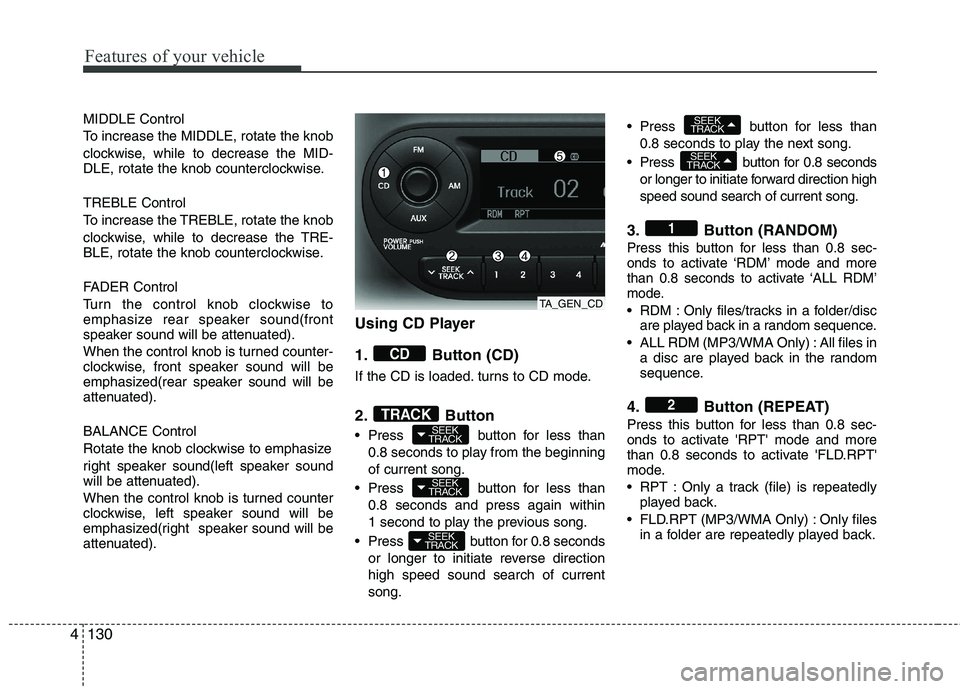 KIA PICANTO 2012  Owners Manual Features of your vehicle
130
4
MIDDLE Control 
To increase the MIDDLE, rotate the knob
clockwise, while to decrease the MID- 
DLE, rotate the knob counterclockwise. TREBLE Control 
To increase the TRE
