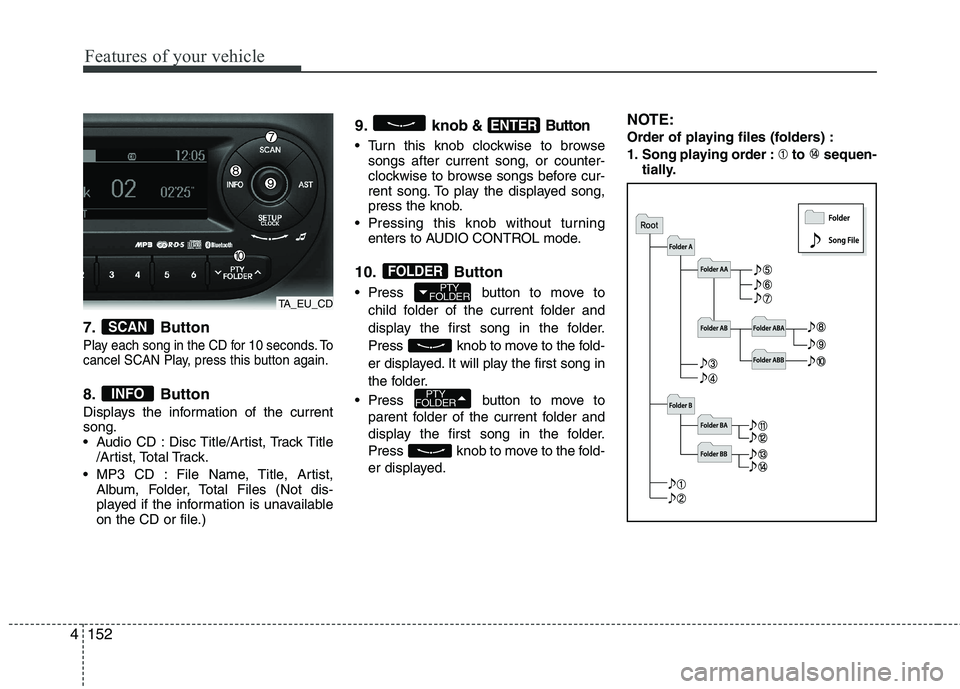 KIA PICANTO 2012  Owners Manual Features of your vehicle
152
4
7. Button
Play each song in the CD for 10 seconds. To 
cancel SCAN Play, press this button again.
8. Button 
Displays the information of the current song.
• Audio  CD 