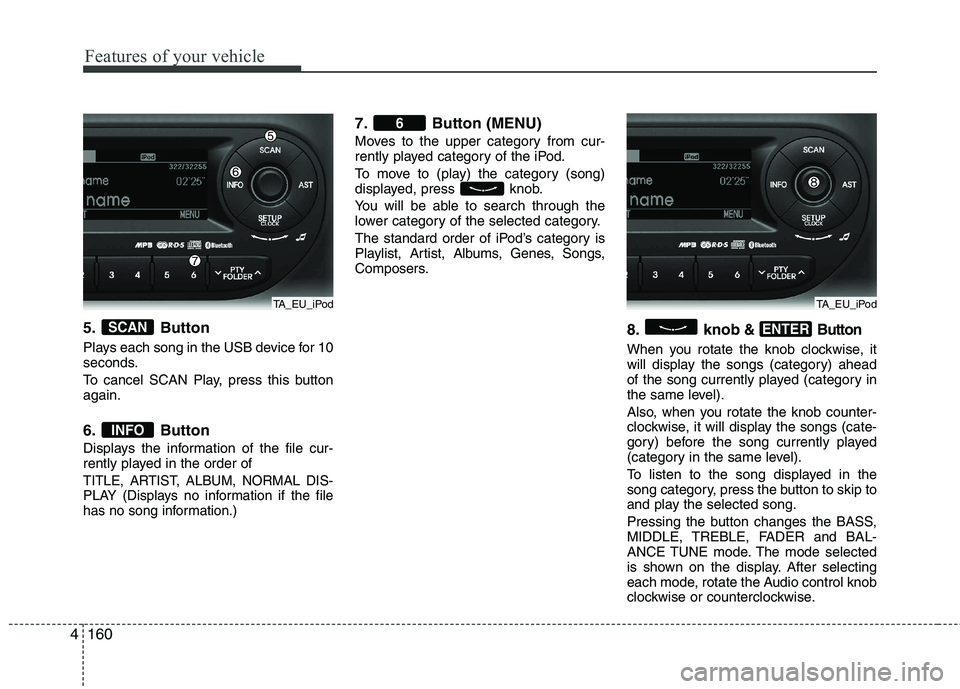 KIA PICANTO 2012  Owners Manual Features of your vehicle
160
4
5. Button 
Plays each song in the USB device for 10 
seconds. 
To cancel SCAN Play, press this button again. 
6. Button 
Displays the information of the file cur- 
rentl