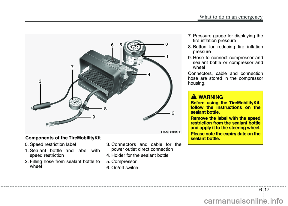KIA PICANTO 2012 Owners Manual 617
What to do in an emergency
0. Speed restriction label
1. Sealant bottle and label withspeed restriction
2. Filling hose from sealant bottle to wheel 3. Connectors and cable for the
power outlet d KIA PICANTO 2012 Owners Manual 617
What to do in an emergency
0. Speed restriction label
1. Sealant bottle and label withspeed restriction
2. Filling hose from sealant bottle to wheel 3. Connectors and cable for the
power outlet d