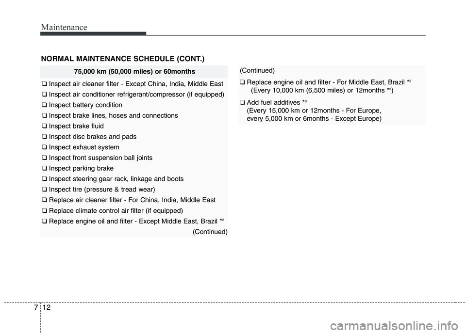 KIA PICANTO 2012  Owners Manual Maintenance
12
7
75,000 km (50,000 miles) or 60months
❑  Inspect air cleaner filter - Except China, India, Middle East
❑  Inspect air conditioner refrigerant/compressor (if equipped)
❑ Inspect b