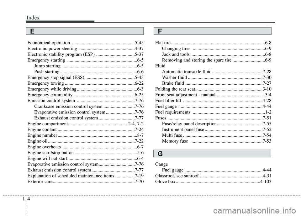 KIA PICANTO 2012  Owners Manual Index
4
I
Economical operation ....................................................5-45 
Electronic power steering ..............................................4-37
Electronic stability program (ESP)
