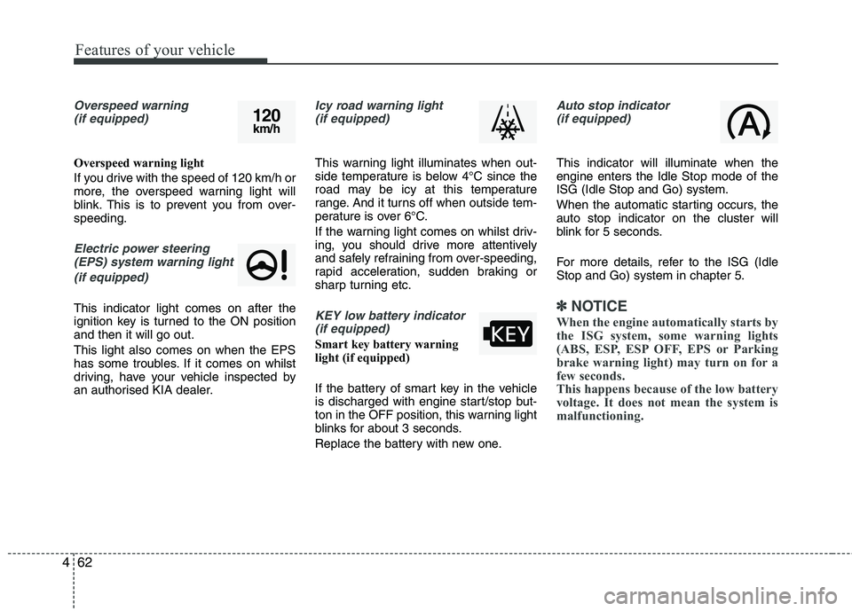 KIA PICANTO 2012  Owners Manual Features of your vehicle
62
4
Overspeed warning 
(if equipped)
Overspeed warning light 
If you drive with the speed of 120 km/h or 
more, the overspeed warning light will
blink. This is to prevent you