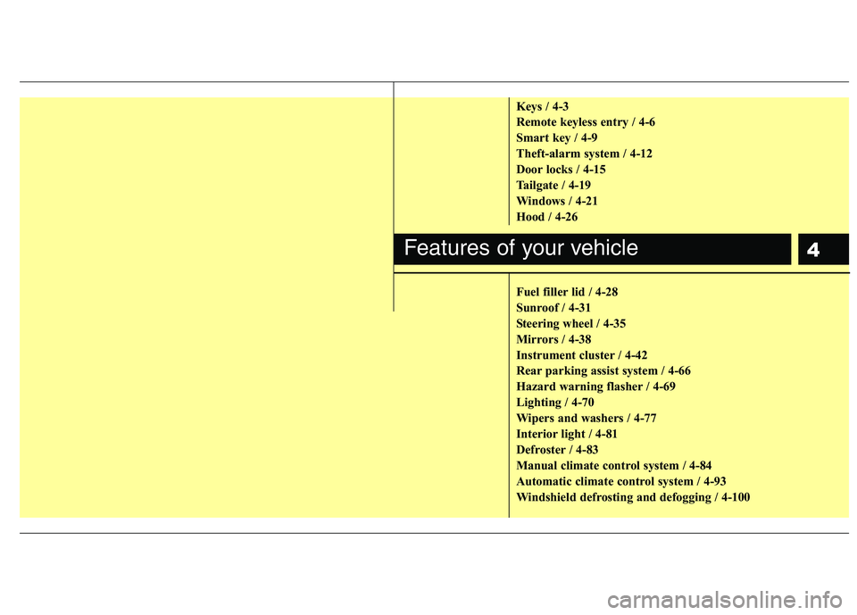 KIA PICANTO 2012 Manual PDF 4
Keys / 4-3 
Remote keyless entry / 4-6
Smart key / 4-9
Theft-alarm system / 4-12
Door locks / 4-15
Tailgate / 4-19
Windows / 4-21
Hood / 4-26 
Fuel filler lid / 4-28 
Sunroof / 4-31
Steering wheel /