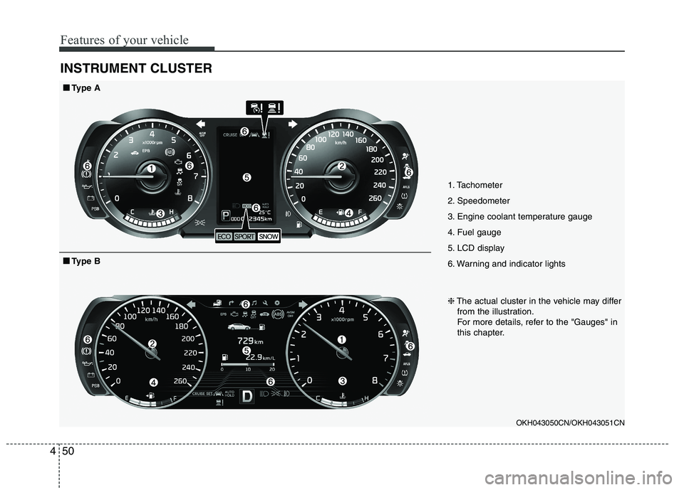 KIA QUORIS 2015  Owners Manual Features of your vehicle
50
4
INSTRUMENT CLUSTER
1. Tachometer  
2. Speedometer
3. Engine coolant temperature gauge
4. Fuel gauge
5. LCD display
6. Warning and indicator lights
OKH043050CN/OKH043051CN