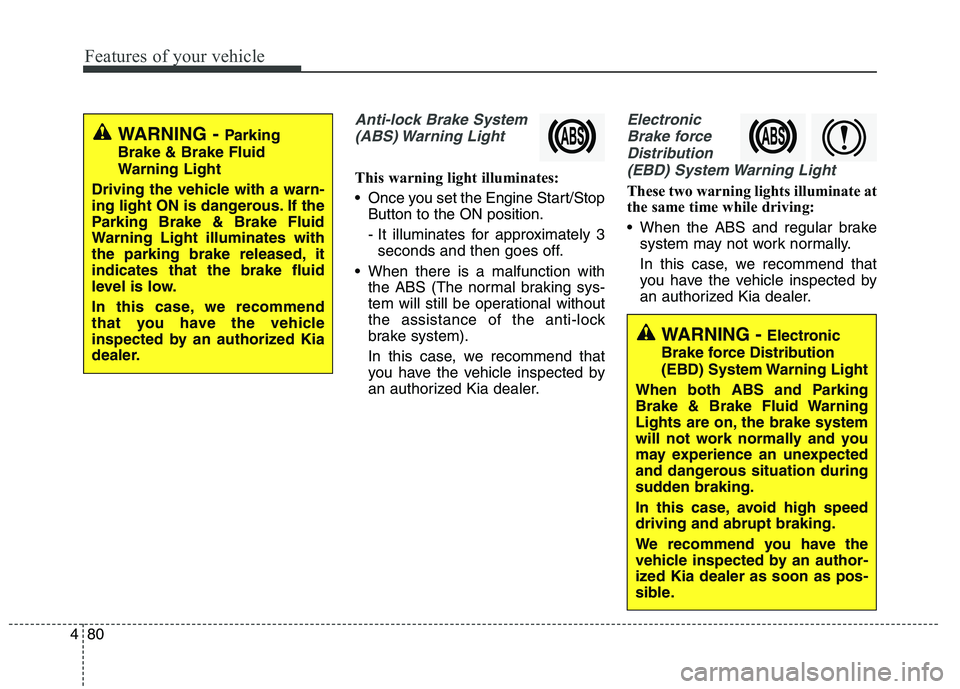 KIA QUORIS 2015  Owners Manual Features of your vehicle
80
4
Anti-lock Brake System
(ABS) Warning  Light
This warning light illuminates: 
 Once you set the Engine Start/Stop Button to the ON position.
- It illuminates for approxima