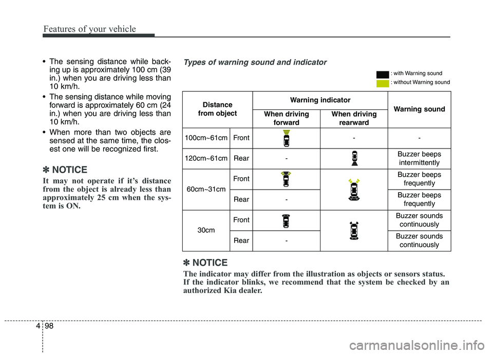 KIA QUORIS 2015 Owners Manual Features of your vehicle
98
4
The sensing distance while back-
ing up is approximately 100 cm (39
in.) when you are driving less than10 km/h.
The sensing distance while moving forward is approximat KIA QUORIS 2015 Owners Manual Features of your vehicle
98
4
The sensing distance while back-
ing up is approximately 100 cm (39
in.) when you are driving less than10 km/h.
The sensing distance while moving forward is approximat