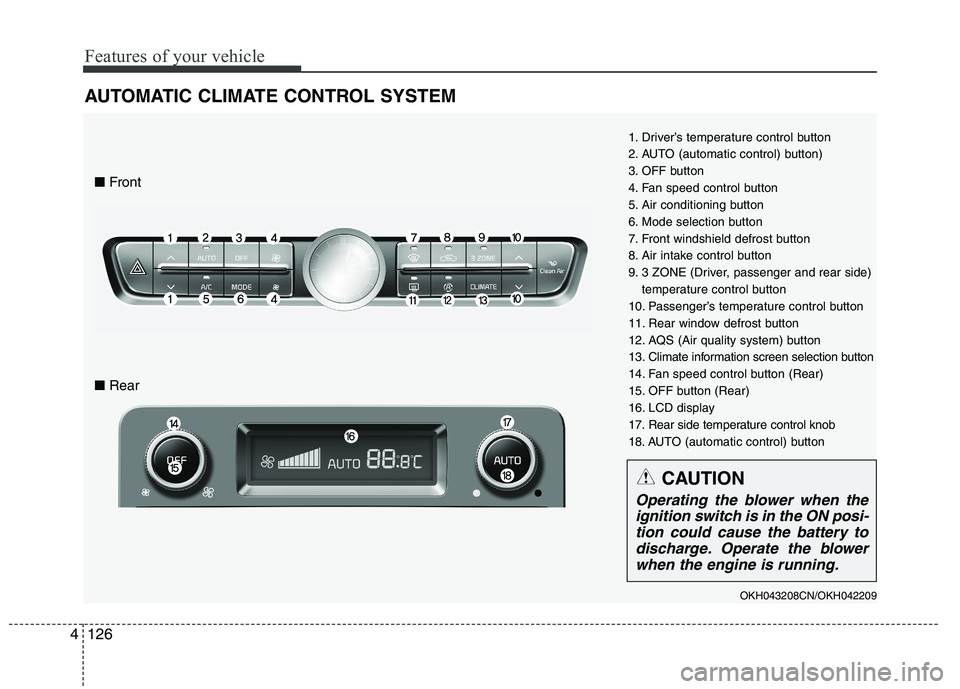 KIA QUORIS 2015 Owners Manual Features of your vehicle
126
4
AUTOMATIC CLIMATE CONTROL SYSTEM
1. Driver’s temperature control button
2. AUTO (automatic control) button)
3. OFF button
4. Fan speed control button
5. Air condition KIA QUORIS 2015 Owners Manual Features of your vehicle
126
4
AUTOMATIC CLIMATE CONTROL SYSTEM
1. Driver’s temperature control button
2. AUTO (automatic control) button)
3. OFF button
4. Fan speed control button
5. Air condition