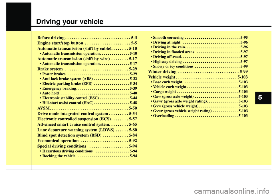 KIA QUORIS 2015 Owners Manual Driving your vehicle
Before driving . . . . . . . . . . . . . . . . . . . . . . . . . . . . . . 5-3
Engine start/stop button . . . . . . . . . . . . . . . . . . . . . 5-5
Automatic transmission (sh KIA QUORIS 2015 Owners Manual Driving your vehicle
Before driving . . . . . . . . . . . . . . . . . . . . . . . . . . . . . . 5-3
Engine start/stop button . . . . . . . . . . . . . . . . . . . . . 5-5
Automatic transmission (sh