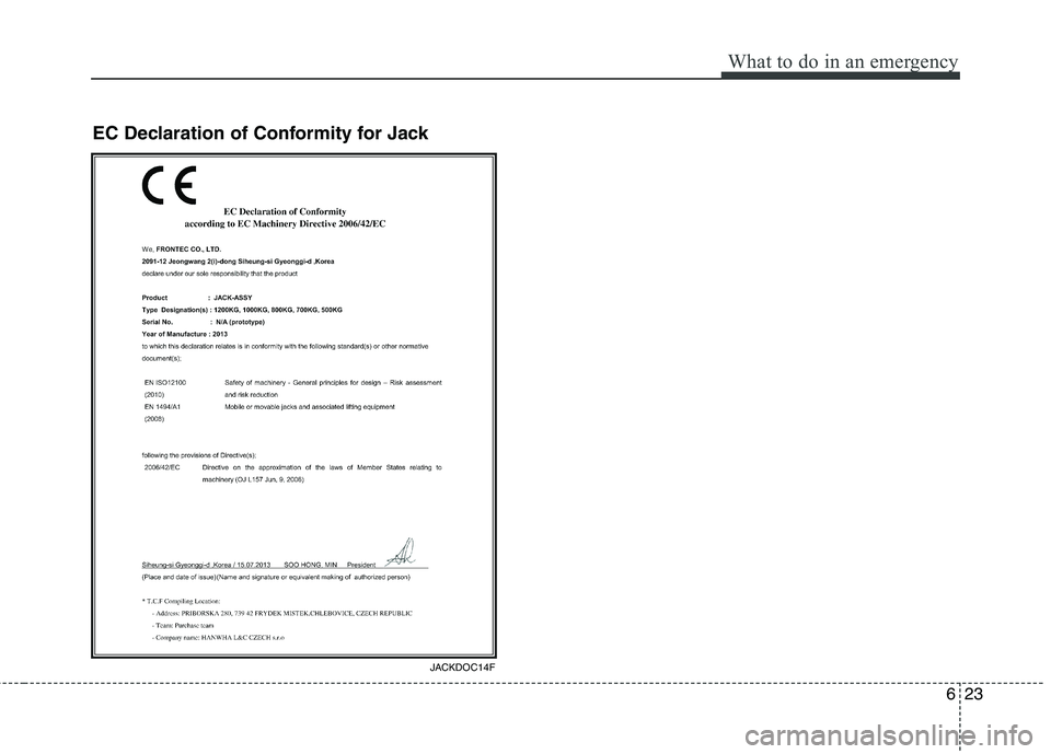 KIA QUORIS 2015 Owners Manual 623
What to do in an emergency
EC Declaration of Conformity for Jack
JACKDOC14F KIA QUORIS 2015 Owners Manual 623
What to do in an emergency
EC Declaration of Conformity for Jack
JACKDOC14F