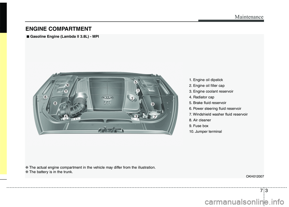 KIA QUORIS 2015 Owners Manual 73
Maintenance
ENGINE COMPARTMENT
1. Engine oil dipstick
2. Engine oil filler cap
3. Engine coolant reservoir
4. Radiator cap
5. Brake fluid reservoir
6. Power steering fluid reservoir
7. Windshield KIA QUORIS 2015 Owners Manual 73
Maintenance
ENGINE COMPARTMENT
1. Engine oil dipstick
2. Engine oil filler cap
3. Engine coolant reservoir
4. Radiator cap
5. Brake fluid reservoir
6. Power steering fluid reservoir
7. Windshield