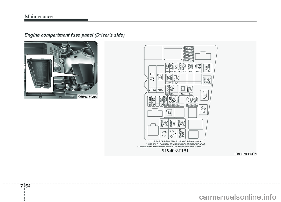 KIA QUORIS 2015  Owners Manual Maintenance
64
7
Engine compartment fuse panel (Driver’s side)
OBH078029L
OKH073056CN   