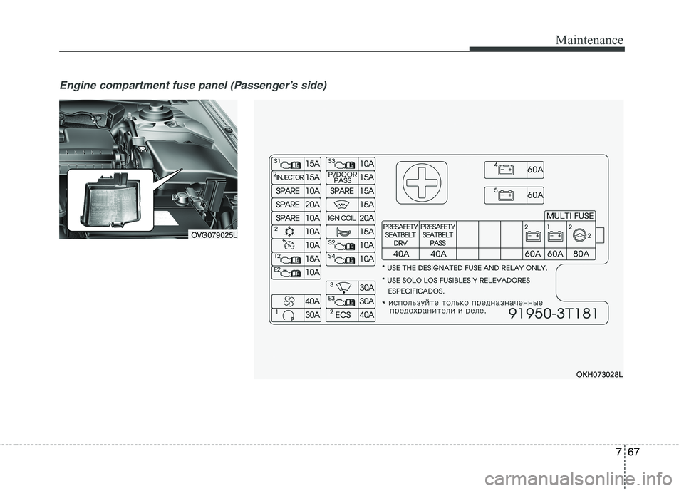 KIA QUORIS 2015  Owners Manual 767
Maintenance
Engine compartment fuse panel (Passenger’s side)
OVG079025L
OKH073028L   