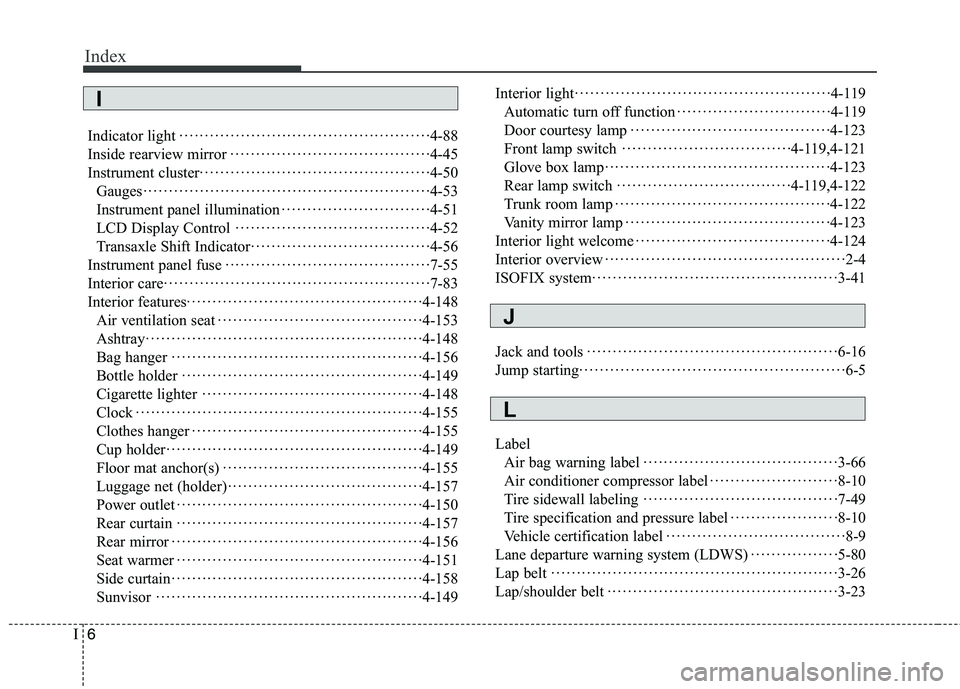 KIA QUORIS 2015  Owners Manual Index
6
I
Indicator light 