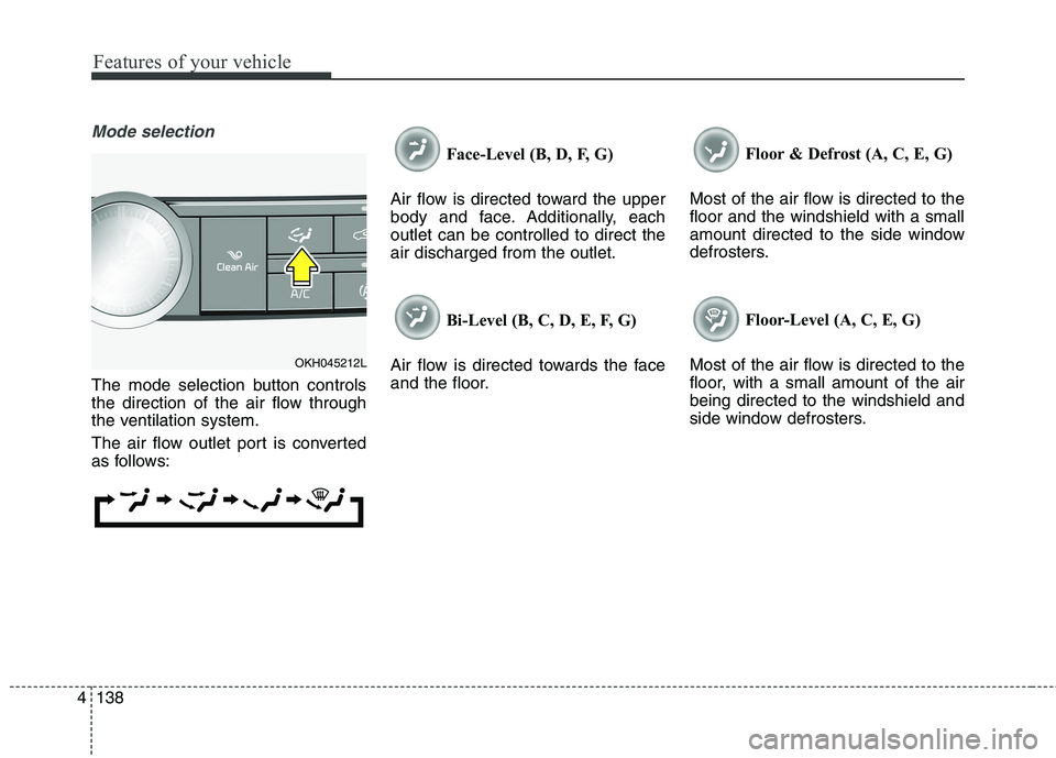 KIA QUORIS 2016 Owners Manual Features of your vehicle
138
4
Mode selection
The mode selection button controls
the direction of the air flow through
the ventilation system.
The air flow outlet port is converted
as follows: Face KIA QUORIS 2016 Owners Manual Features of your vehicle
138
4
Mode selection
The mode selection button controls
the direction of the air flow through
the ventilation system.
The air flow outlet port is converted
as follows: Face