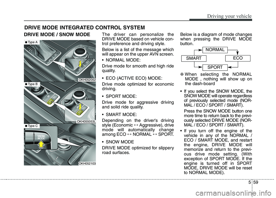 KIA QUORIS 2016 Owners Manual 559
Driving your vehicle
DRIVE MODE / SNOW MODEThe driver can personalize the
DRIVE MODE based on vehicle con-
trol preference and driving style.
Below is a list of the message which
will appear on KIA QUORIS 2016 Owners Manual 559
Driving your vehicle
DRIVE MODE / SNOW MODEThe driver can personalize the
DRIVE MODE based on vehicle con-
trol preference and driving style.
Below is a list of the message which
will appear on