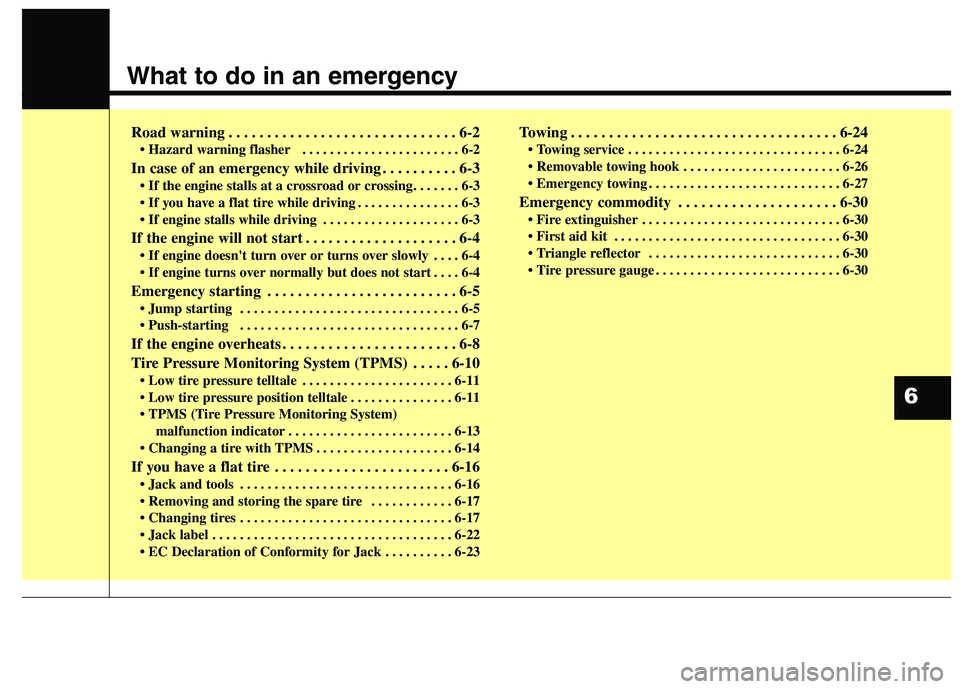 KIA QUORIS 2016 Owners Manual What to do in an emergency
Road warning . . . . . . . . . . . . . . . . . . . . . . . . . . . . . . 6-2• Hazard warning flasher . . . . . . . . . . . . . . . . . . . . . . . 6-2
In case of an emer KIA QUORIS 2016 Owners Manual What to do in an emergency
Road warning . . . . . . . . . . . . . . . . . . . . . . . . . . . . . . 6-2• Hazard warning flasher . . . . . . . . . . . . . . . . . . . . . . . 6-2
In case of an emer