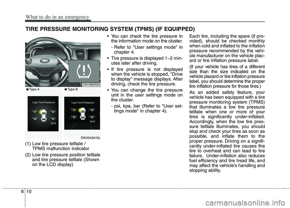KIA QUORIS 2016 Owners Manual What to do in an emergency
10
6
TIRE PRESSURE MONITORING SYSTEM (TPMS) (IF EQUIPPED)
(1) Low tire pressure telltale / TPMS malfunction indicator
(2) Low tire pressure position telltale and tire press KIA QUORIS 2016 Owners Manual What to do in an emergency
10
6
TIRE PRESSURE MONITORING SYSTEM (TPMS) (IF EQUIPPED)
(1) Low tire pressure telltale / TPMS malfunction indicator
(2) Low tire pressure position telltale and tire press