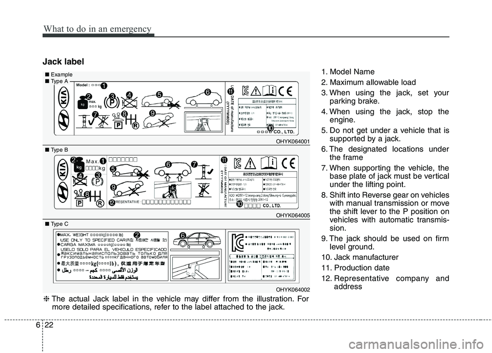 KIA QUORIS 2016 Owners Manual What to do in an emergency
22
6
Jack label
1. Model Name
2. Maximum allowable load
3. When using the jack, set yourparking brake.
4. When using the jack, stop the engine.
5. Do not get under a vehicl KIA QUORIS 2016 Owners Manual What to do in an emergency
22
6
Jack label
1. Model Name
2. Maximum allowable load
3. When using the jack, set yourparking brake.
4. When using the jack, stop the engine.
5. Do not get under a vehicl