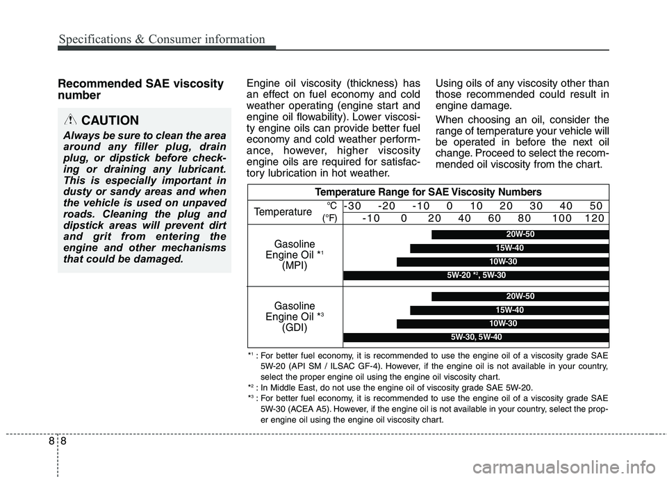 KIA QUORIS 2016 Manual PDF Specifications & Consumer information
8
8
Recommended SAE viscosity
number Engine oil viscosity (thickness) has
an effect on fuel economy and cold
weather operating (engine start and
engine oil f KIA QUORIS 2016 Manual PDF Specifications & Consumer information
8
8
Recommended SAE viscosity
number Engine oil viscosity (thickness) has
an effect on fuel economy and cold
weather operating (engine start and
engine oil f