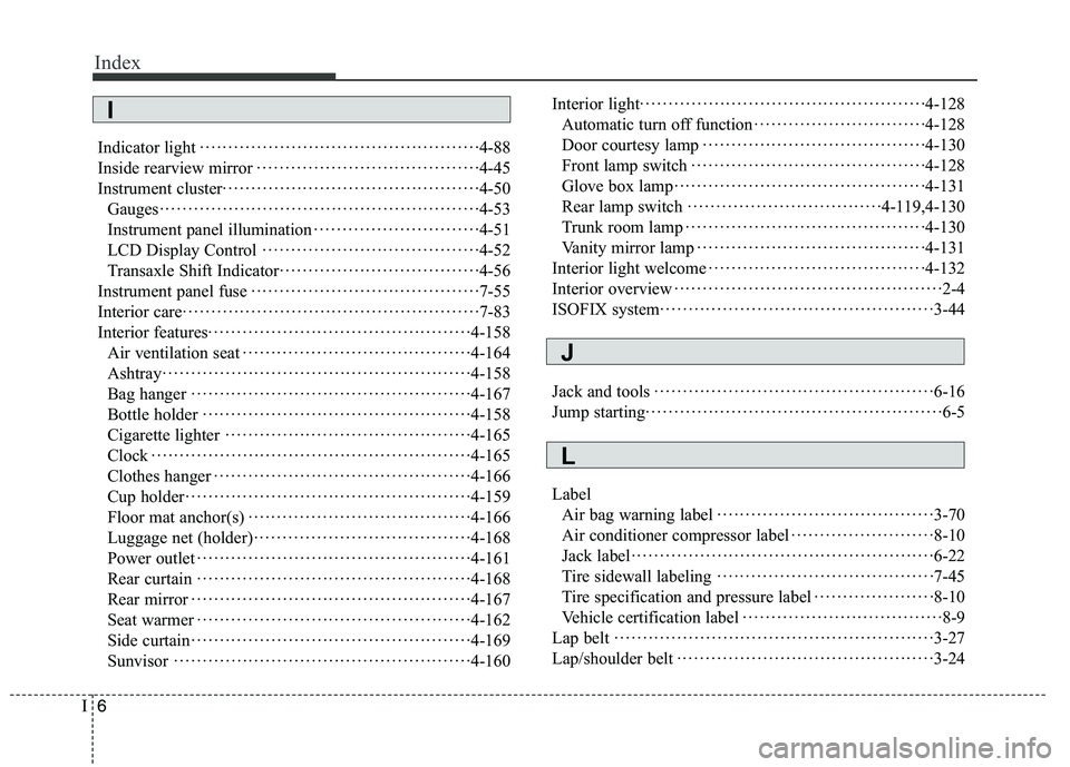 KIA QUORIS 2016  Owners Manual Index
6
I
Indicator light 