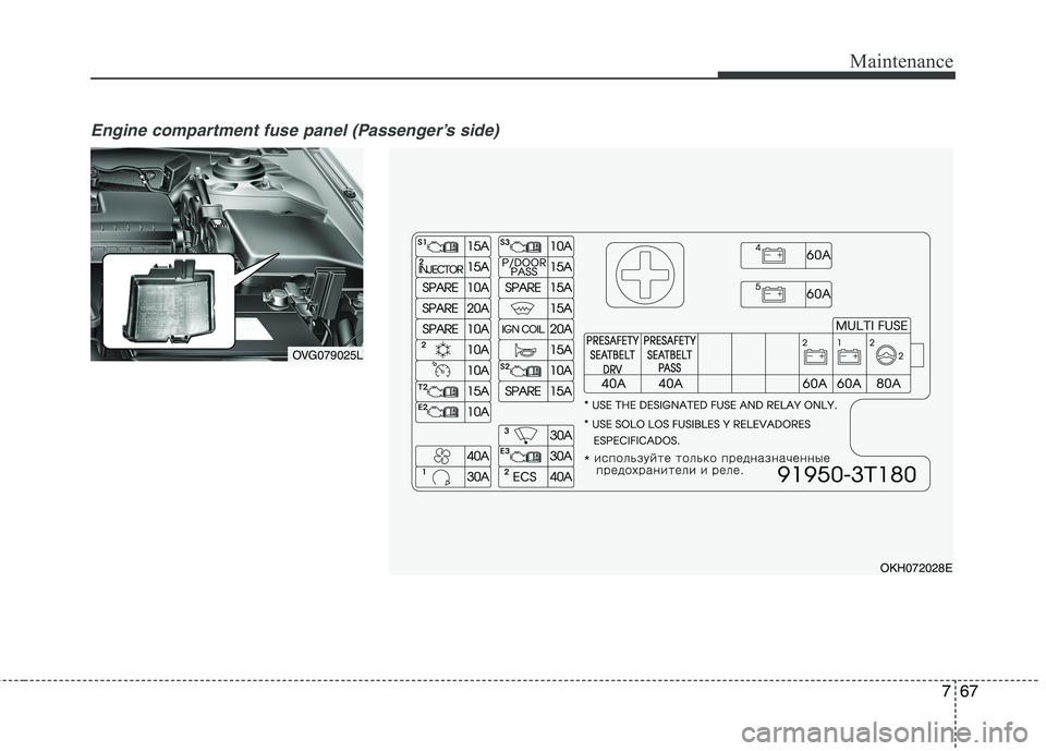 KIA QUORIS 2014  Owners Manual 767
Maintenance
Engine compartment fuse panel (Passenger’s side)
OVG079025L
OKH072028E   